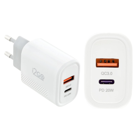 Carregador I2GO de Parede Ultra Rápido com 1 Saída USB-C Power Delivery 20W + 1 Saída USB-A 18W