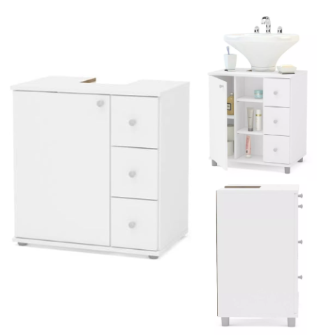 Gabinete Para Banheiro 3 Gavetas + 1 Porta Politorno Branco