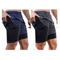 Kit 2 Shorts Masculino 2 em 1 Forro de Suplex Anti-Assaduras Preto e Azul