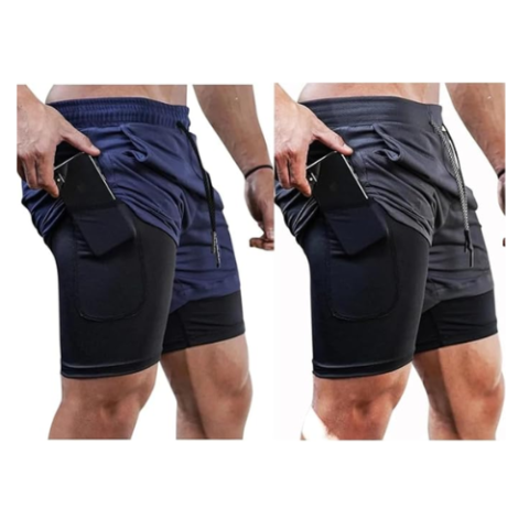 Kit 2 Shorts Masculino 2 em 1 Forro de Suplex Anti-Assaduras Preto e Azul
