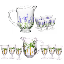 Kit Jarra + 6 taças Cristal Hand Painting 1,3L Palm ou Lavanda Lyor