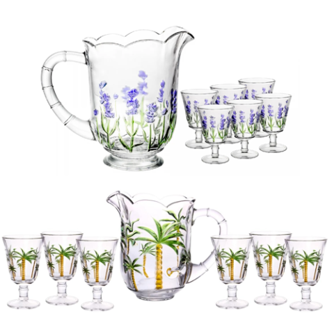 Kit Jarra + 6 taças Cristal Hand Painting 1,3L Palm ou Lavanda Lyor