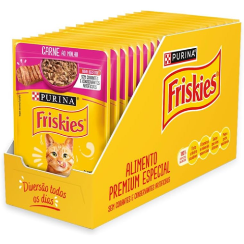 Pack Nestlé Purina Friskies Ração Úmida Para Gatos Adultos Carne Ao Molho 15 Sachês 85g