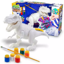 Brinquedo Dinossauro Rex Attack Branco Para Colorir + Pincel + 6 Tinta