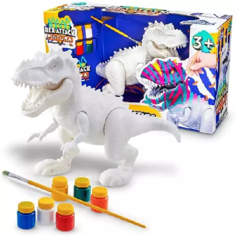 Brinquedo Dinossauro Rex Attack Branco Para Colorir + Pincel + 6 Tinta