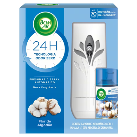 Aparelho Aromatizador de Ambiente Bom Ar Automático Aerossol Freshmatic Flor de Algodão + Refil 250ml
