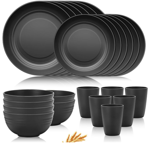 Conjunto 24 Peças Louça de Palha de Trigo Inquebrável Wulnar Preto