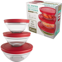 Conjunto 3 Potes de Vidro Redondos com Tampa Plástica Vermelha Euro Home