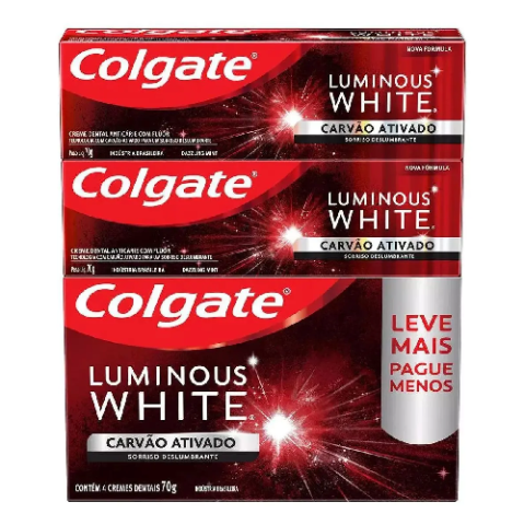 Pack 4 Unidades Creme Dental Clareador Colgate Luminous White Carvão Ativado 70g