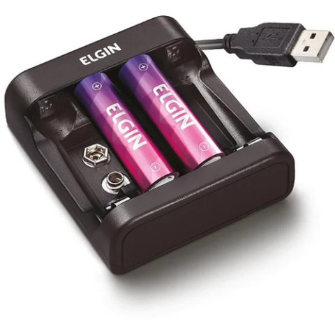Carregador de Pilhas e Baterias USB com 2 Pilhas AA 1500mAh recarregáveis