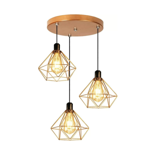 Conjunto Lustre Pendente Diamante Triplo Aramado E27 Cobre