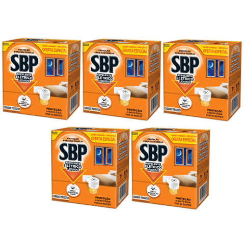 5 Unidades SBP Repelente Elétrico Líquido 45 Noites Novo Aparelho + Refil