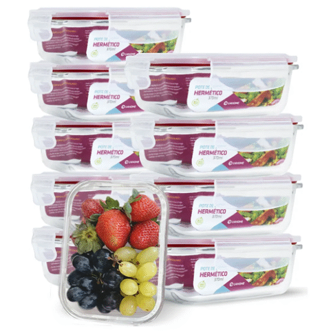 Conjunto 10 Potes Vidro Hermético Marmita Mantimentos 370ml Vermelho U4home