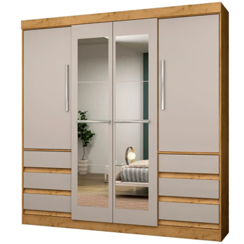Guarda Roupa Casal com Espelho 4 Portas 6 Gavetas Araplac Sofia