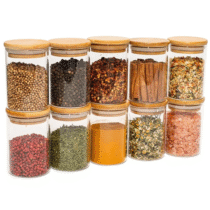 Jogo De 10 Potes Herméticos De Vidro Tampa De Bambu 250ml