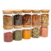 Kit 10 Potes de Vidro 250ml com Tampa de Bambu Herméticos Redondos Oikos