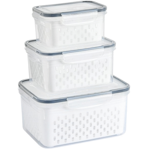 Kit 3 Organizador de Geladeira e de Armário com Tampa Hermética e Cesto Escorredor 850ml, 1750ml e 3300ml
