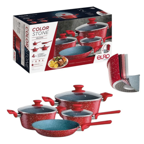 Kit 4 Panelas Euro Para Indução Antiaderente Colorstone Volcano Euro Cor Vermelho