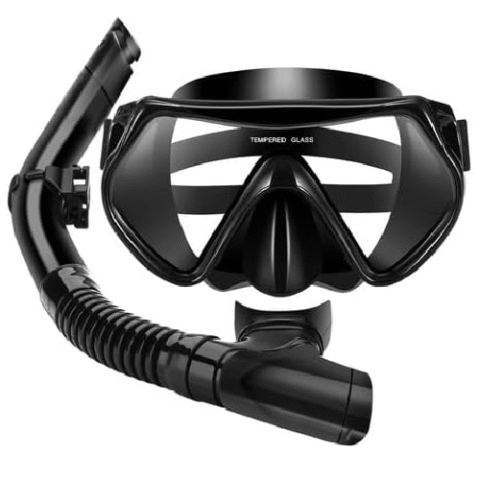 Kit de Mergulho Snorkel com Máscara de Lentes de Cristal Temperado Profissional Preto