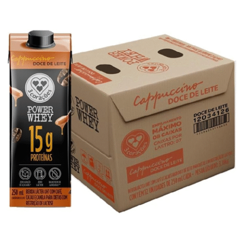 Pack 12 Unidades Bebida Láctea 3 Corações Cappuccino Power Whey Doce de Leite 15g 250ml