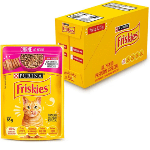 Pack 15 Sachês Purina Friskies Ração Úmida Para Gatos Adultos Carne Ao Molho 85g