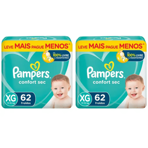 Pampers 2 Pacotes Fralda Confort Sec XG 62 Unidades