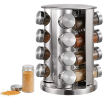 Porta Tempero Giratório 360 com 16 Potes Vidro Suporte Inox