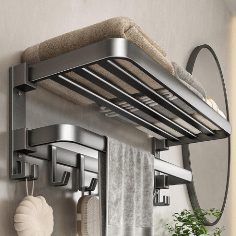 Porta Toalheiro Duplo 60cm Dobrável Aluminio Premium com 9 Ganchos Matte