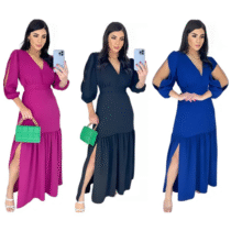 Vestido Longo Babado Fenda Manga 3/4 Evangélico Elegante