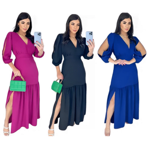 Vestido Longo Babado Fenda Manga 3/4 Evangélico Elegante