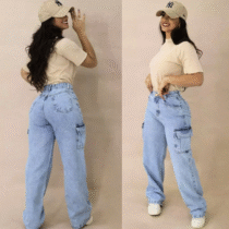 Calça Jeans Feminina Cargo Levanta Bumbum Cintura Alta