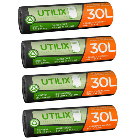 Utilix 4 Unidades Saco para Lixo 30L Preto Rolo com 30 sacos
