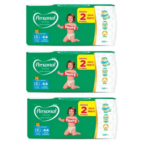 3 Pacotes Personal Fralda Baby Total Protect Pants G 44 Unidades