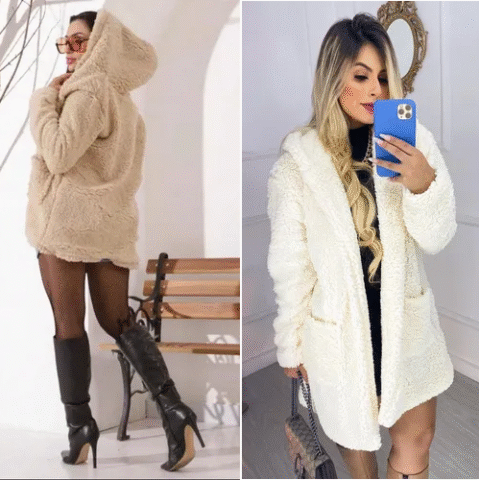 Casaco Sobretudo Forrado Teddy Pelo com Capuz (4 cores)