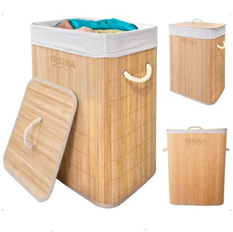 Cesto De Roupa Com Tampa E Alça 60cm Retangular Bambu Irsina