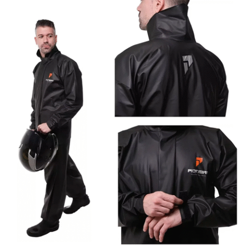 Conjunto Capa de Chuva Motoqueiro de PVC Preto Impermeável Pioneira