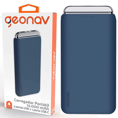 Geonav Power Bank Carregador Portátil Universal 12.000 mAh com 2 Saídas USB + 1 Saída USB-C Azul