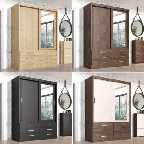 Guarda Roupa Solteiro c/ Espelho Capri 2 Portas 6 Gavetas (4 Cores)