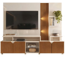 Home Para Tv Até 55 Led Ripado 3D com 2,10m x 1,80m Off White Madeirado