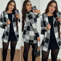 Kimono Xadrez Tricot Feminino Sobretudo Grosso Inverno