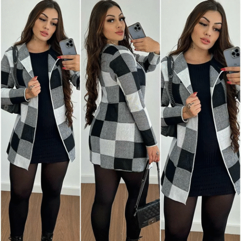Kimono Xadrez Tricot Feminino Sobretudo Grosso Inverno