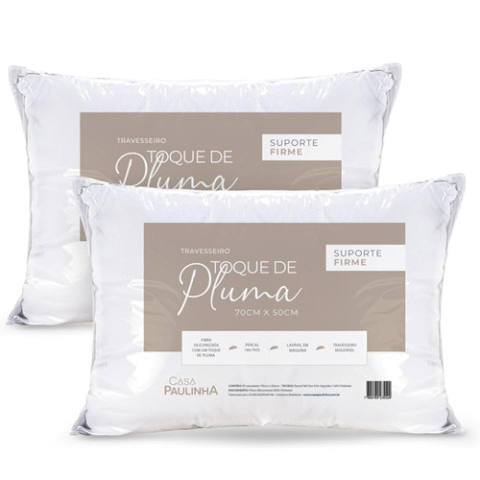 Kit 2 Travesseiros Toque de Pluma Pena Firme Percal 180 Fios 70x50cm Lavável, Antiácaro e Antialérgico