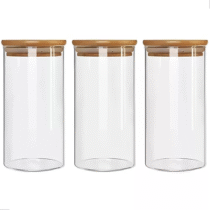 Kit 3 Potes Hermético Vidro Tampa Bambu 1L