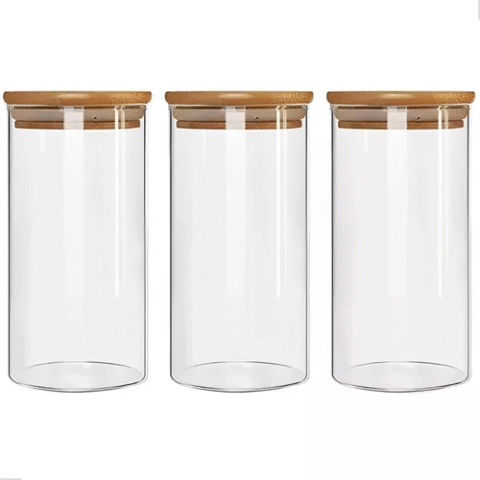 Kit 3 Potes Hermético Vidro Tampa Bambu 1L
