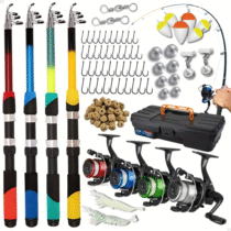 Kit Pesca Completo 4 Varas Fibra De Vidro + 4 Molinetes Leve Com Linha + Maleta Com Acessórios + Bóias Chumbadas + Anzóis + Tralha Quite De Pescaria