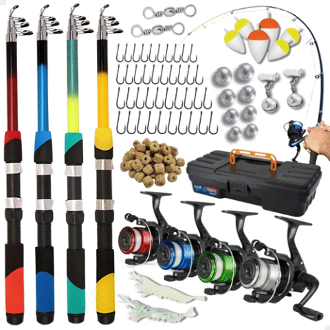 Kit Pesca Completo 4 Varas Fibra De Vidro + 4 Molinetes Leve Com Linha + Maleta Com Acessórios + Bóias Chumbadas + Anzóis + Tralha Quite De Pescaria