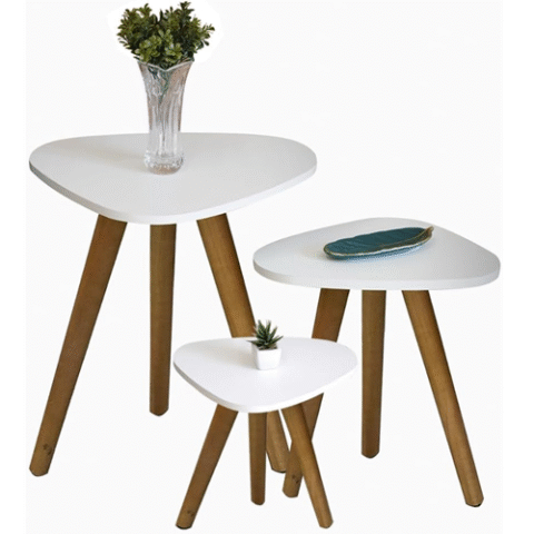 Kit Trio Jogo de Mesinhas Lateral Sala Pé Palito Retro Tampo Orgânico Kelan Branco