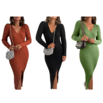 Vestido Midi Tricot Modal Manga Longa Fenda Elegante Casual