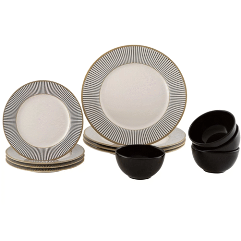 Aparelho de Jantar 12 Peças Alleanza Cerâmica Branco e Preto Redondo Ritz
