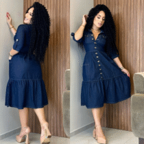 Vestido Jeans Midi Manguinha Moda Evangélica Rodado Soltinho